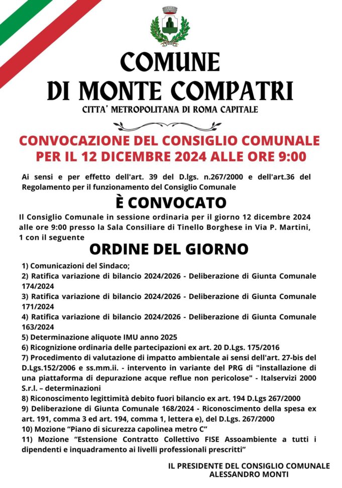 monte compatri convocato consiglio comunale