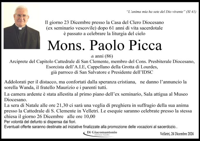 velletri è venuto a mancare mons paolo picca