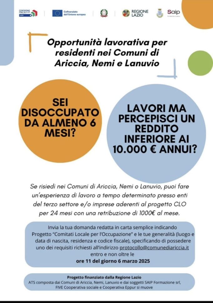 Ariccia, avvio del Progetto “Comitati Locali per l’Occupazione”